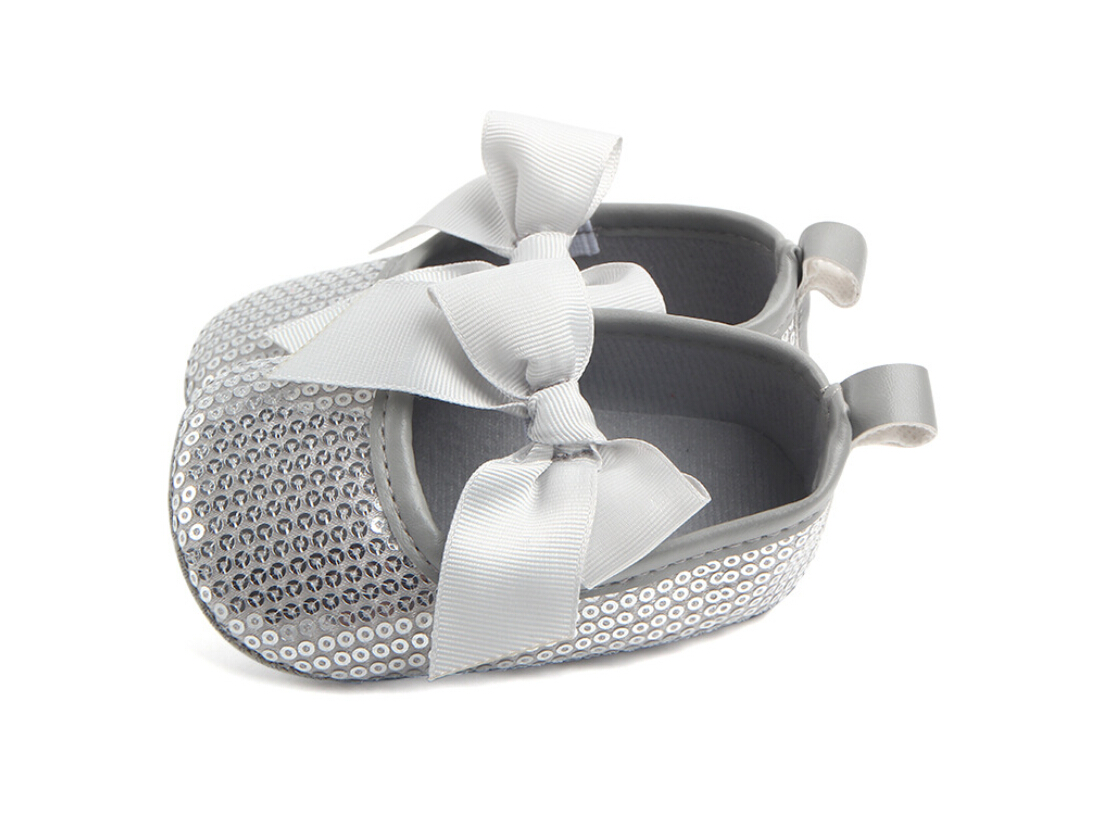 Bling Sparkle Sequins Ribbon Infant Newborn Baby Girl Boy Crib Shoes 0-18M: Gray / 13-18 Months