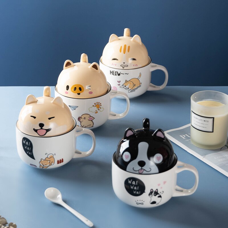 Ceramic Cup With Lid Spoon Shiba Inu Cute Coffee M Vicedeal