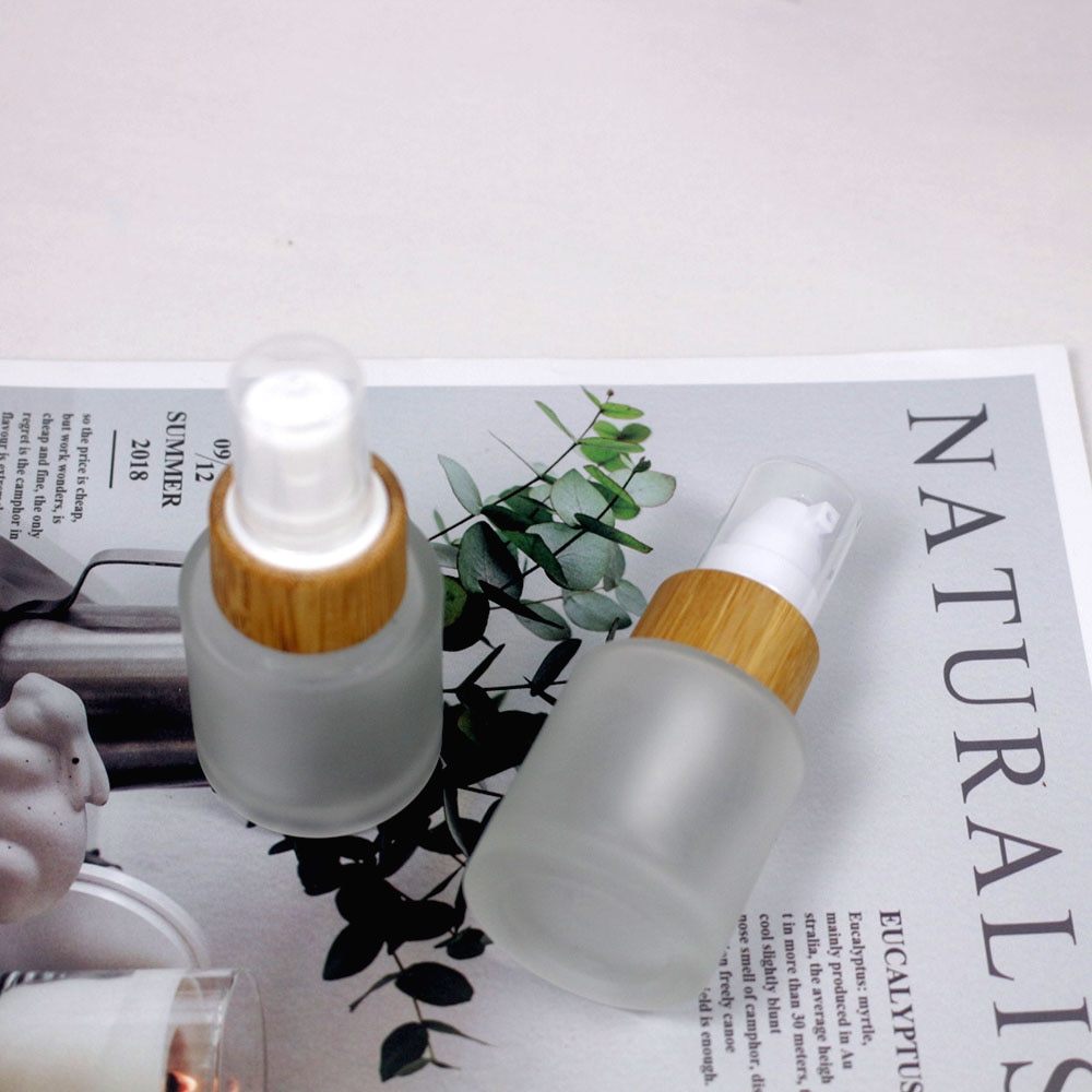 20ml gennemsigtige matteret glas lotion pumpe flaske kosmetisk naturligt træ bambus hætte spray emballage beholder