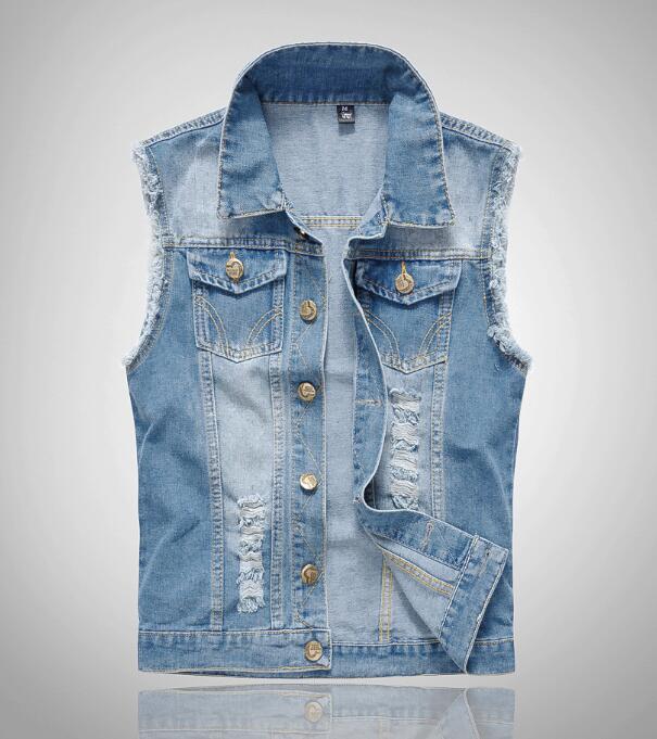 Veste en jean hommes sans manches vestes lavées Jeans colete masculino gilet pour hommes débardeur Cowboy homme gilet veste: Bleu / L