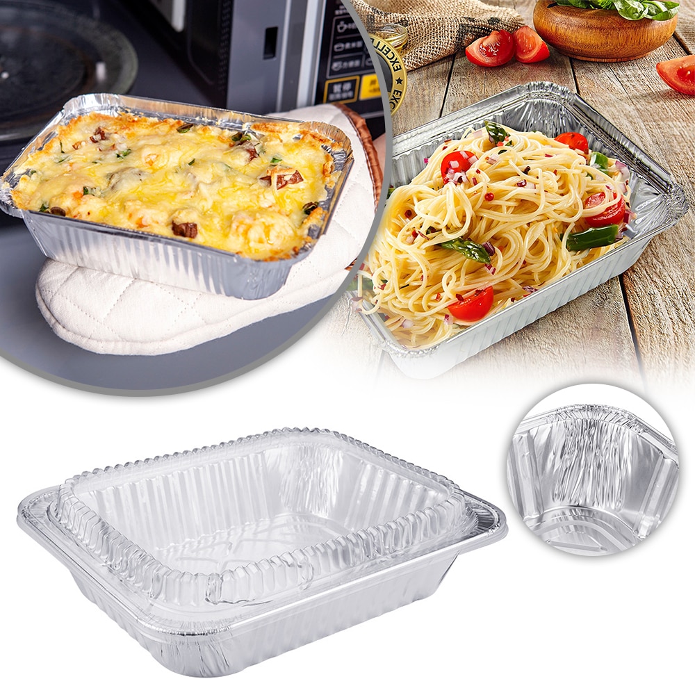 Disposable Rectangle BBQ Aluminium Foil Box With Cover Food Tray Tin Lunch Box Grease Drip Pans Tray Outdoor Cooking Accessories