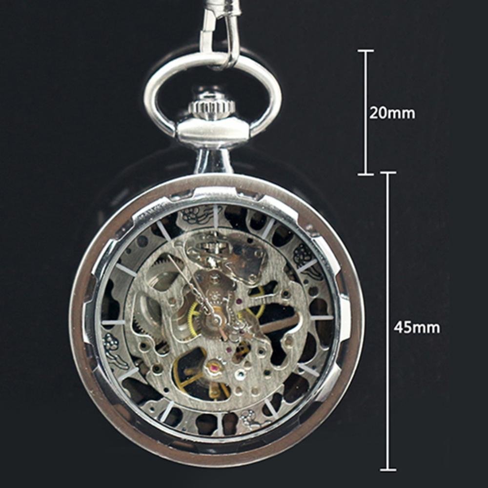 Unisex Luxury Silver Skeleton Mechacnical Hand-winding Mens Pocket Watch with Chain Smooth Steel Women Unisex Pocket Watch