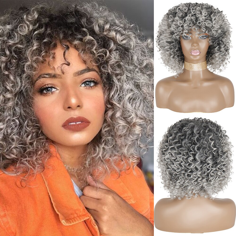 AZQUEEN Synthetic Afro Kinky Curly Wigs Short Curly Wig For Women With Bangs Mixed Black and Gray Wig for Black Women: 9214-T2-0906