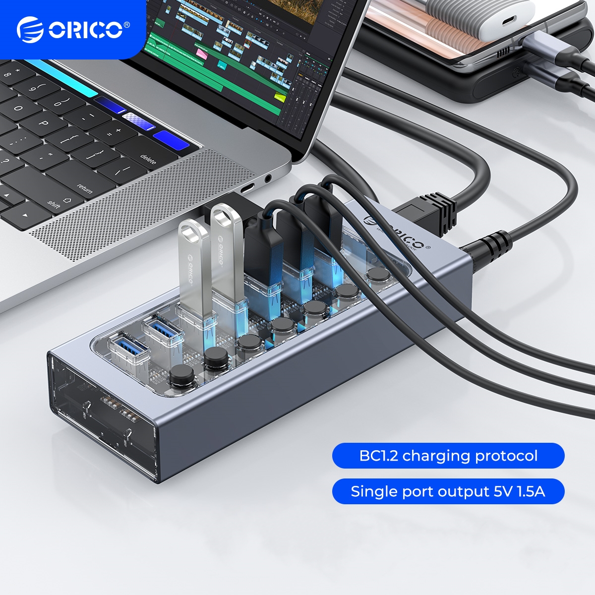 ORICO Aluminiumbetriebener USB3.0-Hub, 7/10 Häfen, USB-Verlängerung mit Schaltern, 12-V-Netzteil, unterstützt BC1.2-Ladesplitter