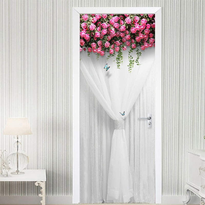 Romántico Rosa cortina puerta pegatina 3D boda casa hogar Decoración puerta calcomanías PVC autoadhesivo impermeable papel pintado vinilo pasta 3D