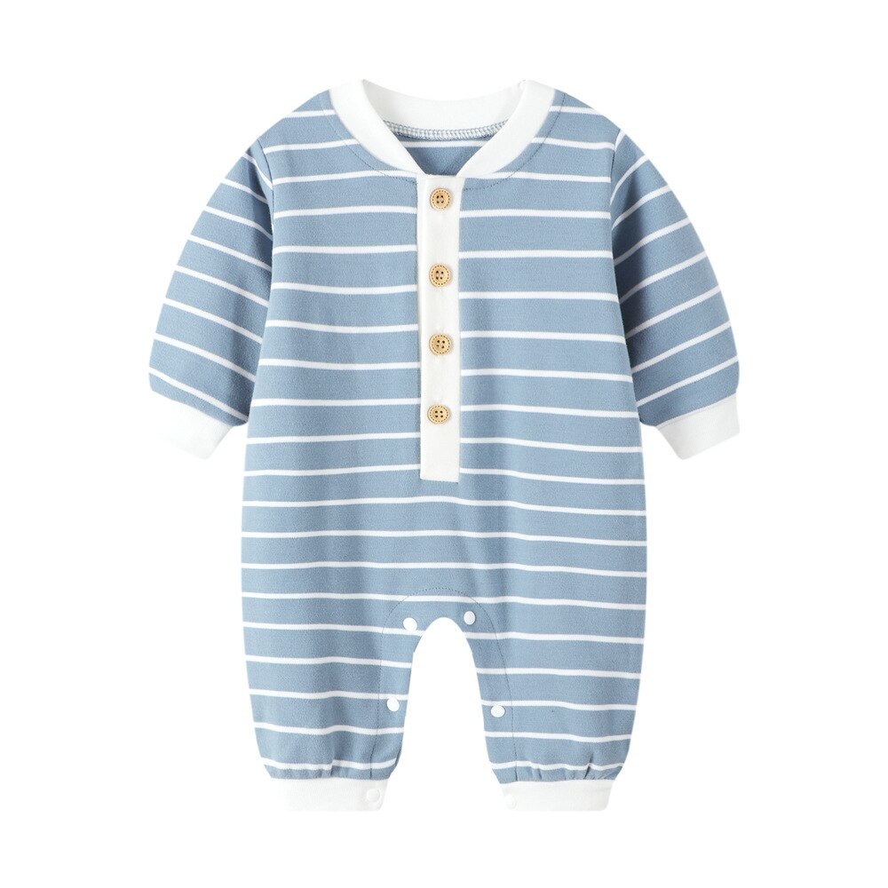 Style coréen printemps automne bébé garçons vêtements combinaisons rayure col en V coton bio barboteuse filles à manches longues tenues d'enfant en bas âge: blue / 6M