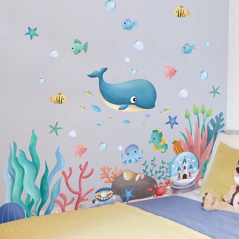 Submarine Coral Clusters Plants Wall Sticker DIY Whale Fish Wall Decals for Kids Room Baby Bedroom Bathroom House Decoration