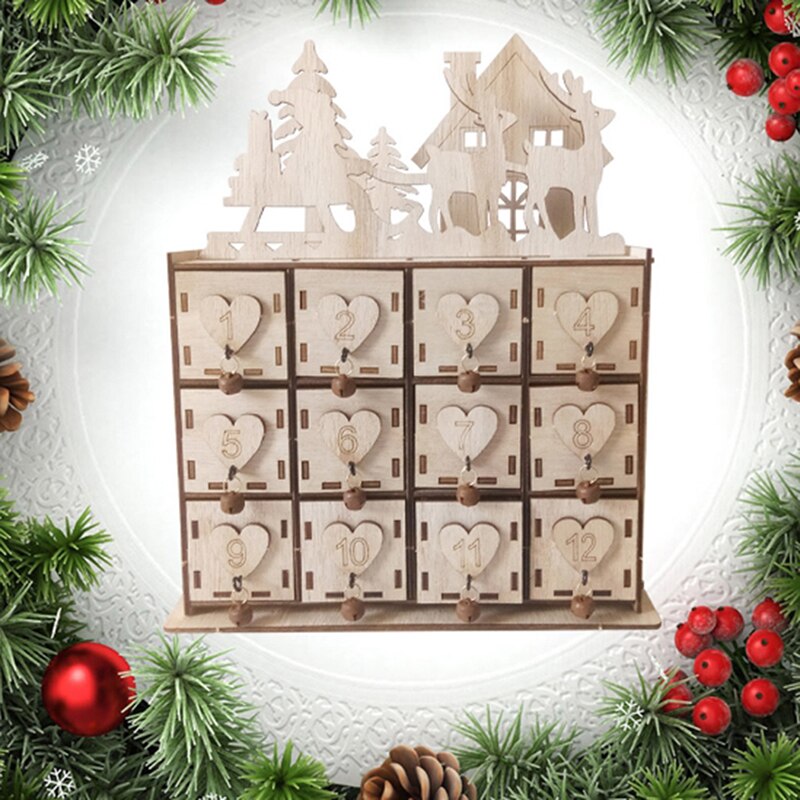 Trä jul adventskalender med 24 lådor hus inredning gör det själv bröllop ornament smyckeskrin jul nedräkningskalender