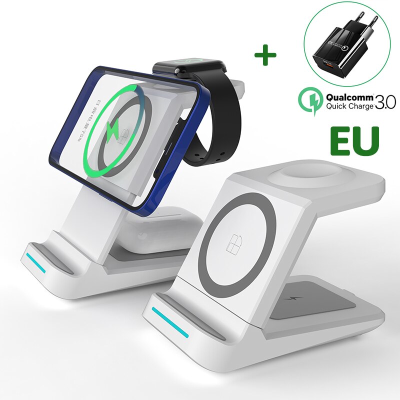 30w 3 in 1 magnetische kabellose ladestation für iphone 13 12 11 xr 8 apple watch qi schnellladestation für airpods pro iwatch 7 6: Weiß mit eu-stecker