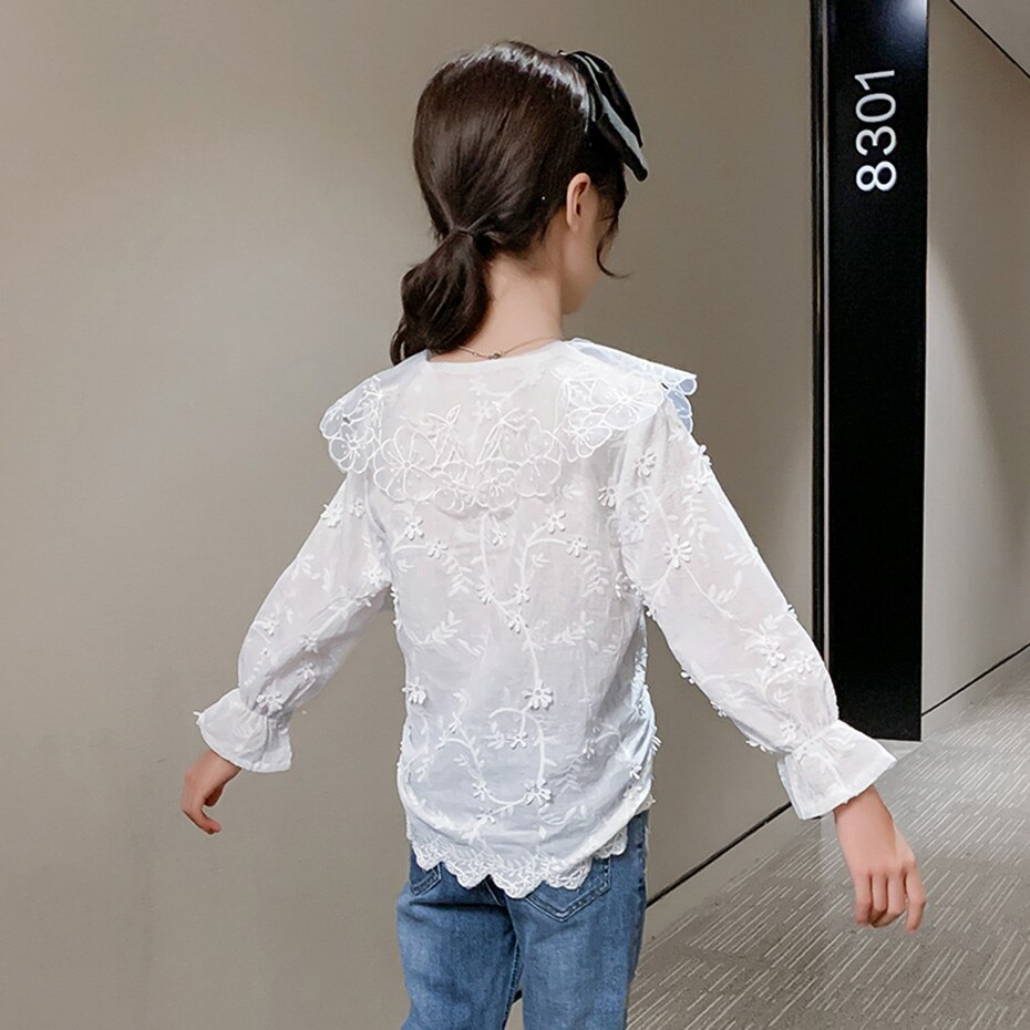 Jenter hvit bluse blondere blomster jenteskjorter broderi barnebluse til jenter butikk jenter skoleklær 6 8 10 12 14