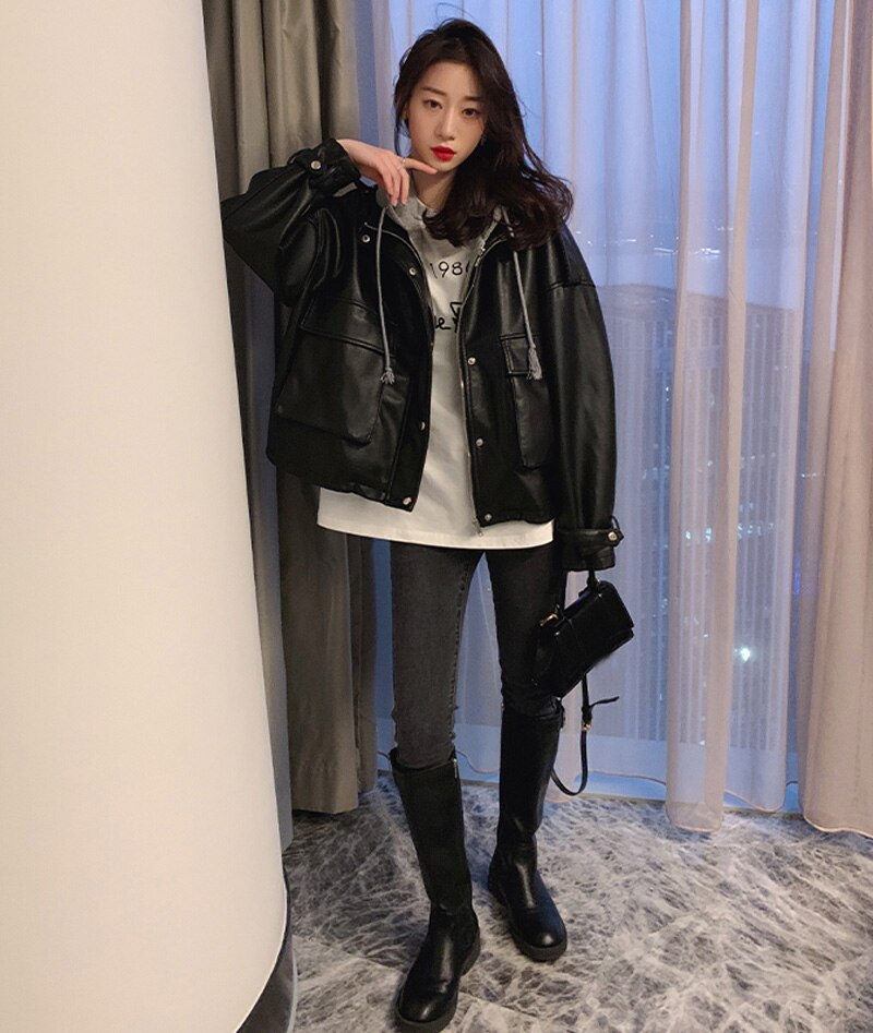 Aelegantmis oversized kvinder sort pu læderjakke løs hætte i imiteret læder jakke dame basic casual frakke  y2k overtøj