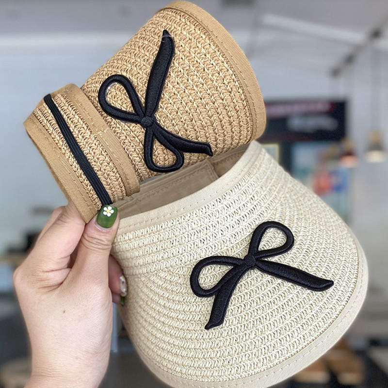 Chapéu de palha e bolsa de ombro verão para meninas, chapéu de sol superior vazio infantil, aba grande, bowknot, viseira de praia ao ar livre, boné de sol para bebê