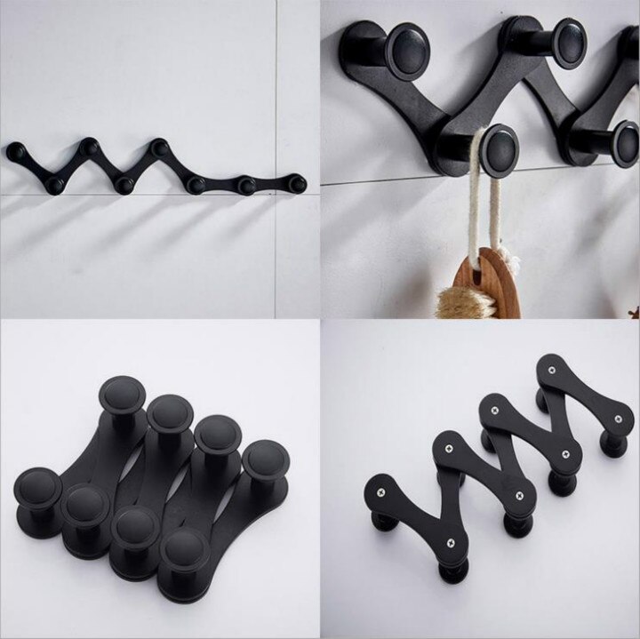Black Accordion Coat Rail Towel Hooks Robe Hooks Expandable Hat Cap Rail Rack Hanger, Shape Adjustable and Changable, Aluminum,