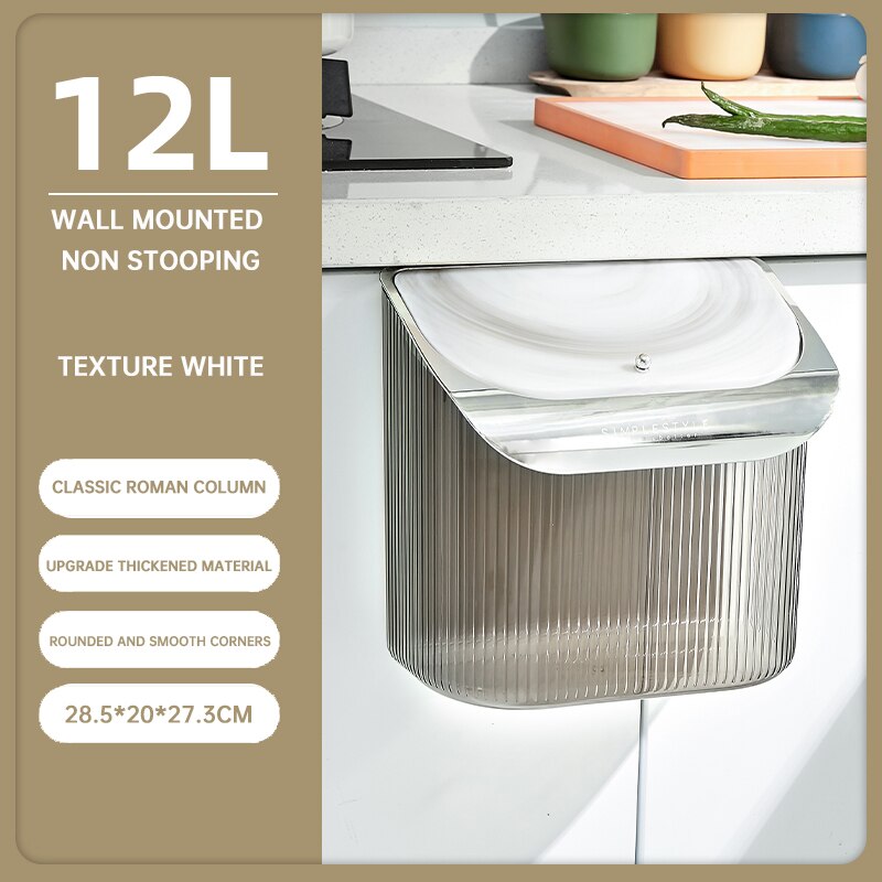 Poubelle de cuisine murale 12l avec couvercle, panier de rangement Transparent suspendu à la porte de l&#39;armoire, corbeille décorative: 12L silver