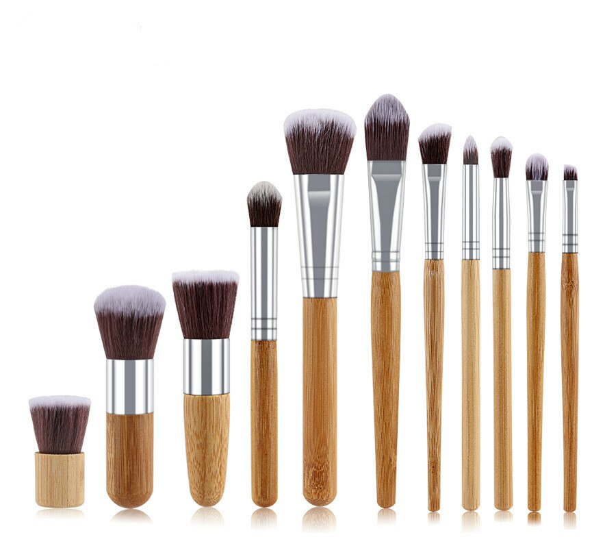 Juego de brochas de maquillaje con mango de bambú Natural, , con bolsa de algodón, mezcla de base, herramienta de maquillaje cosmética, 11 Uds.,