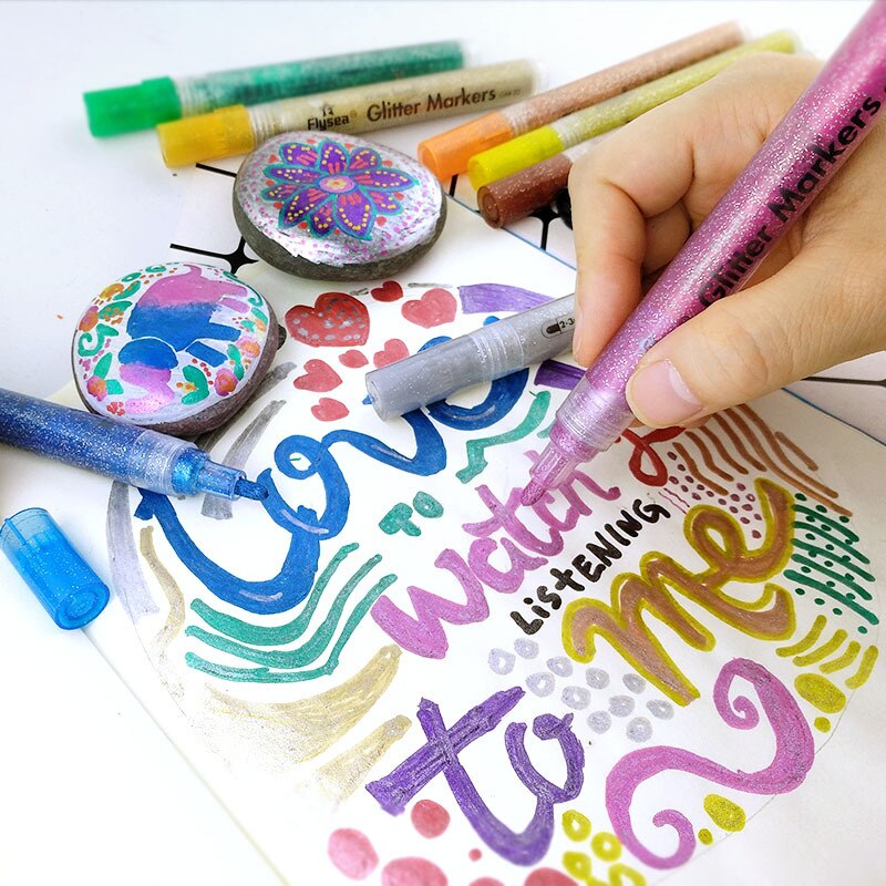 Flysea 12 Farben funkeln metallisch Marker Stifte einstellen Schimmer Farbe Marker Stifte Zeichnung Gruß Karte Poster Kind Tagebuch Bunte