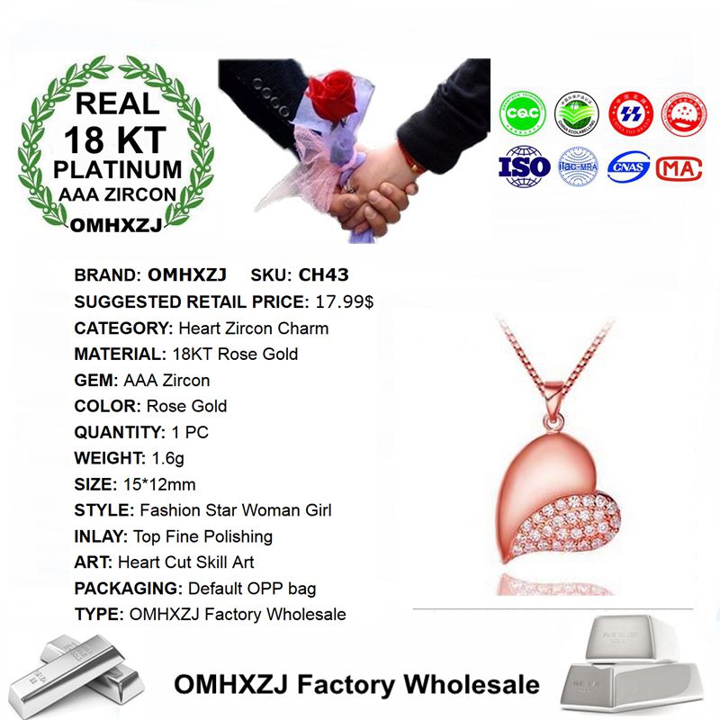 OMHXZJ Persoonlijkheid Mode Vrouw Meisje Party Wedding Rose Gouden Hart AAA Zirkoon 18KT Rose Gouden Hanger Charm CH43