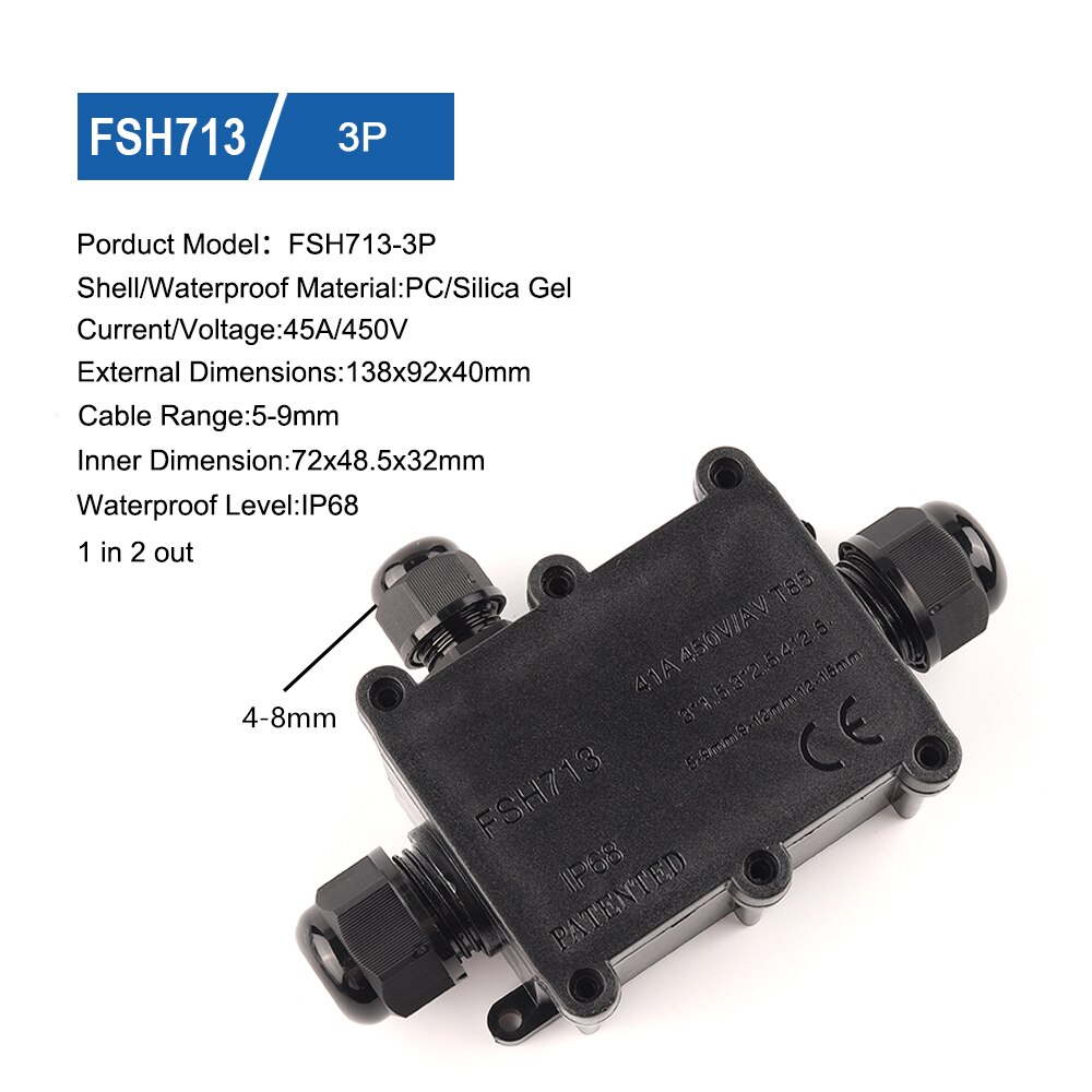 2/3/4/5/6 Way IP68 45A/450V Outdoor Waterproof Cable Connector Junction Box With Terminal Block For Wire Accessories: FSH713-3P