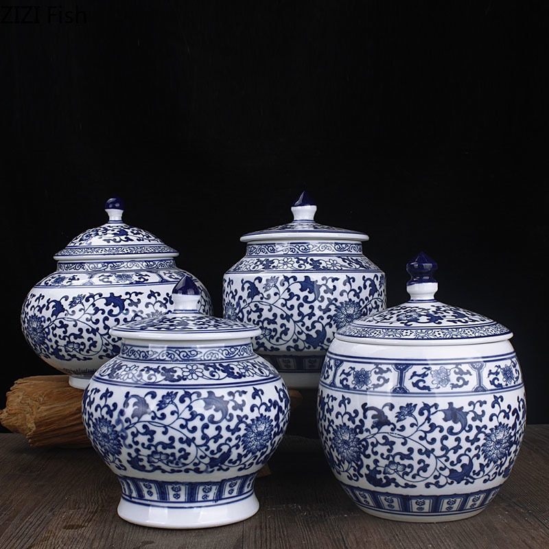 Håndværk keramiske vaser runde opbevaringskrukke te caddy klassisk malet blå og hvid porcelæn bordplade vase vintage hjem indretning