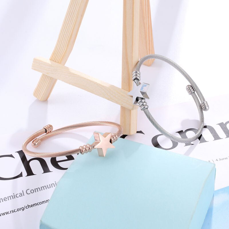 Cute Star Shape Bangle Adjustable Size Bracelet Stainless Steel Twisted Cable Wire Jewelry Women Love