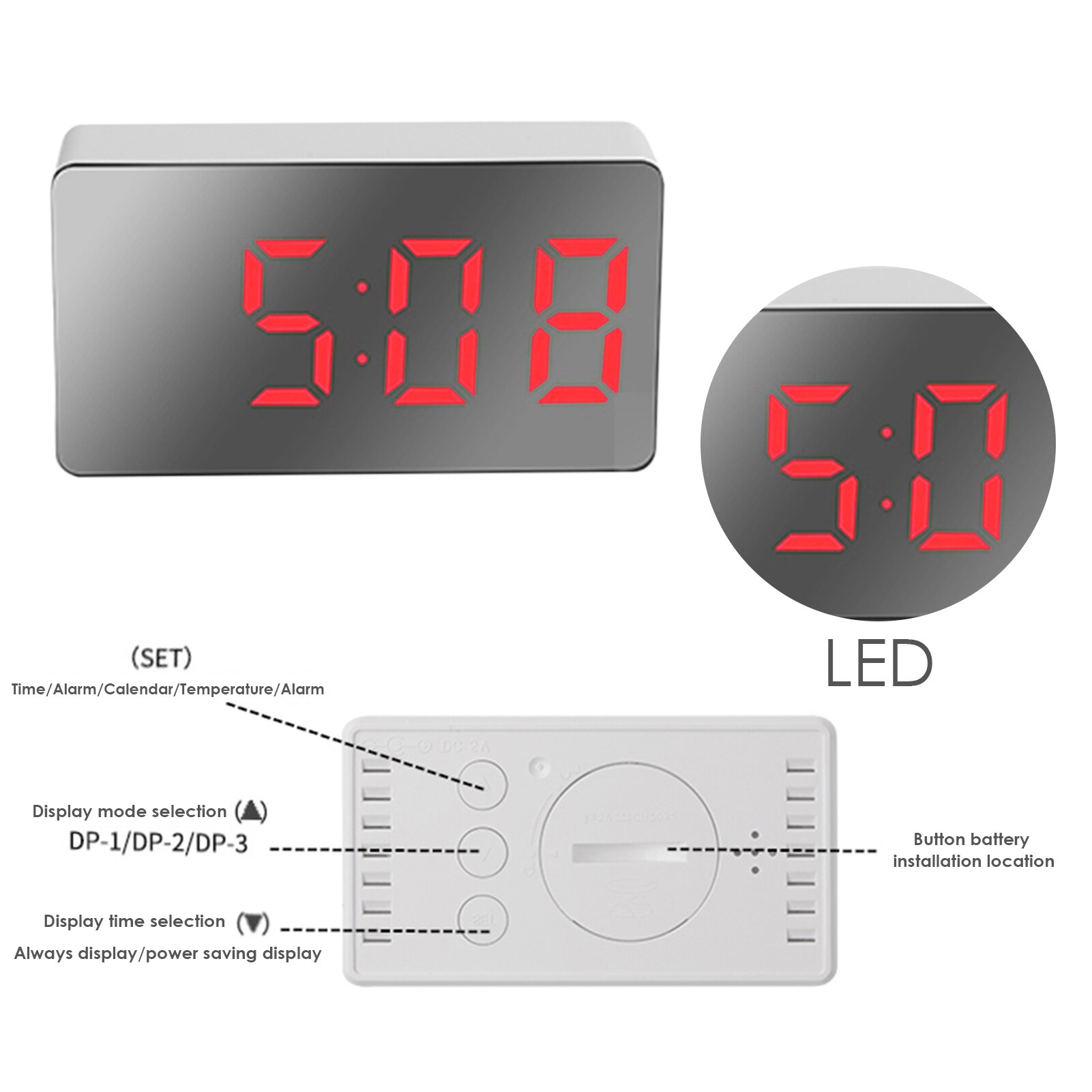 Clock Alarm LED Mirror Clock Electronic Digital Travel Clock Alarm Clock Mirror Car Clock USB Powered Electronic Desktop Clocks