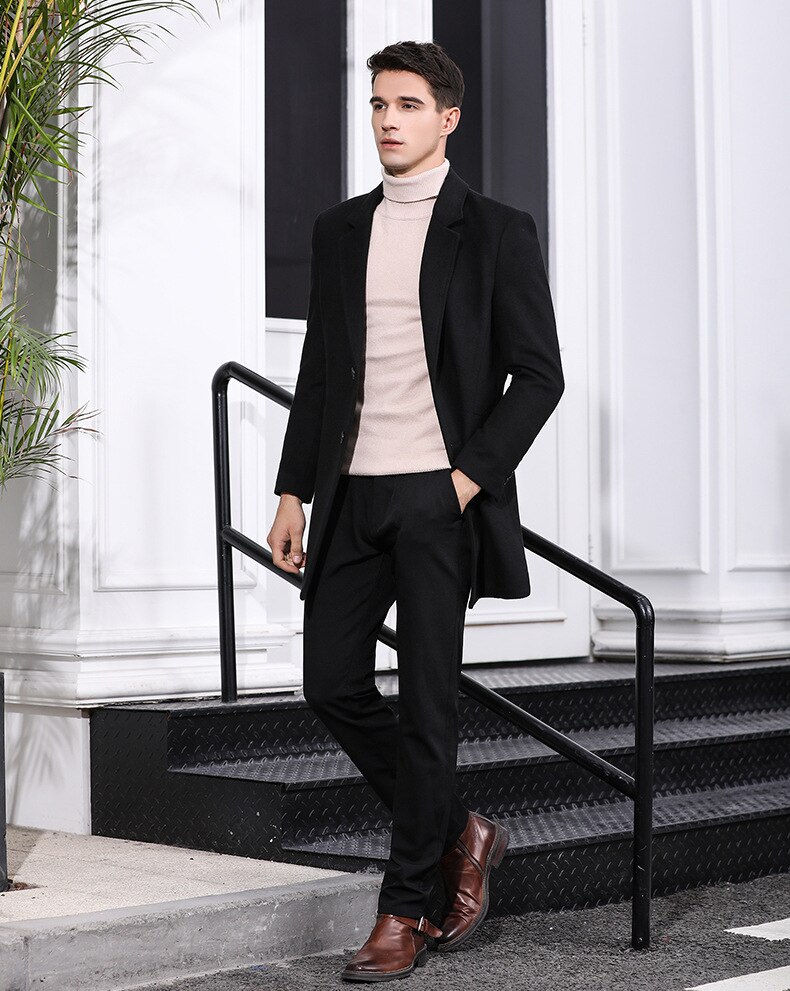 Classic Long Wool Trench Coat Men Winter Brand Slim Fit Men&#39;s Cashmere Coat Single Breasted Black Overcoat Windbreaker