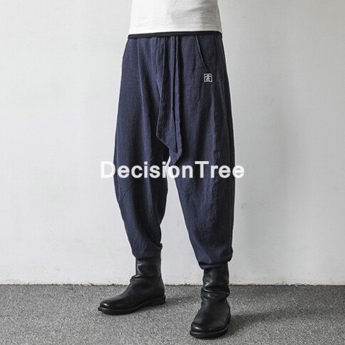 Pantalones bombachos de estilo chino para hombre, ropa de kung fu tai wushu, rectos, holgados, con cintura elástica, de lino y algodón,