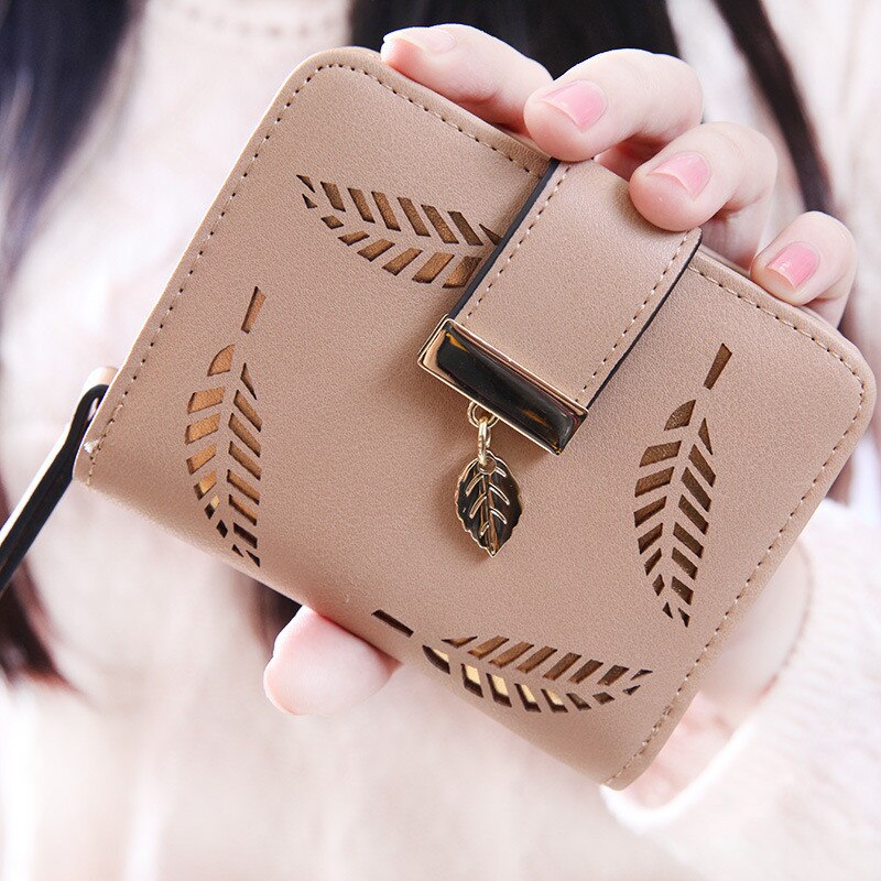 Bolsa feminina carteira bifold leaf carteira de couro titular do cartão de embreagem bolsa portafoglio donna billeteras para mujer monederos clip: Khaki 