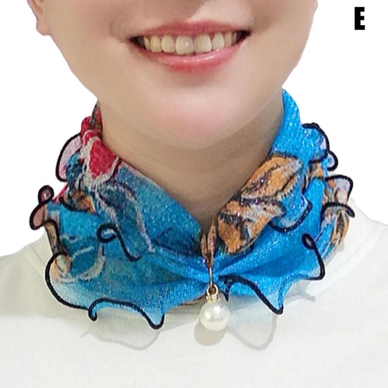 Ruffled Shiny Gold Silk Scarf Pearl Pendant Neck Lady&#39;s Head Jewelry Scarves Hair Accessory Necklace Girl Kerchief A3Z9: blue