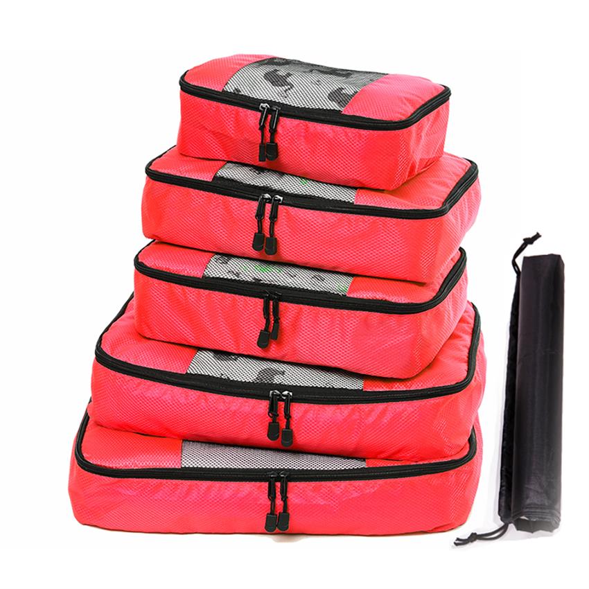 Men Women Children's Nylon Foldable Travel Bag Large Capacity Hand Luggage Waterproof Packing Cubes Travel Luggage Organizer: RED 5 Set