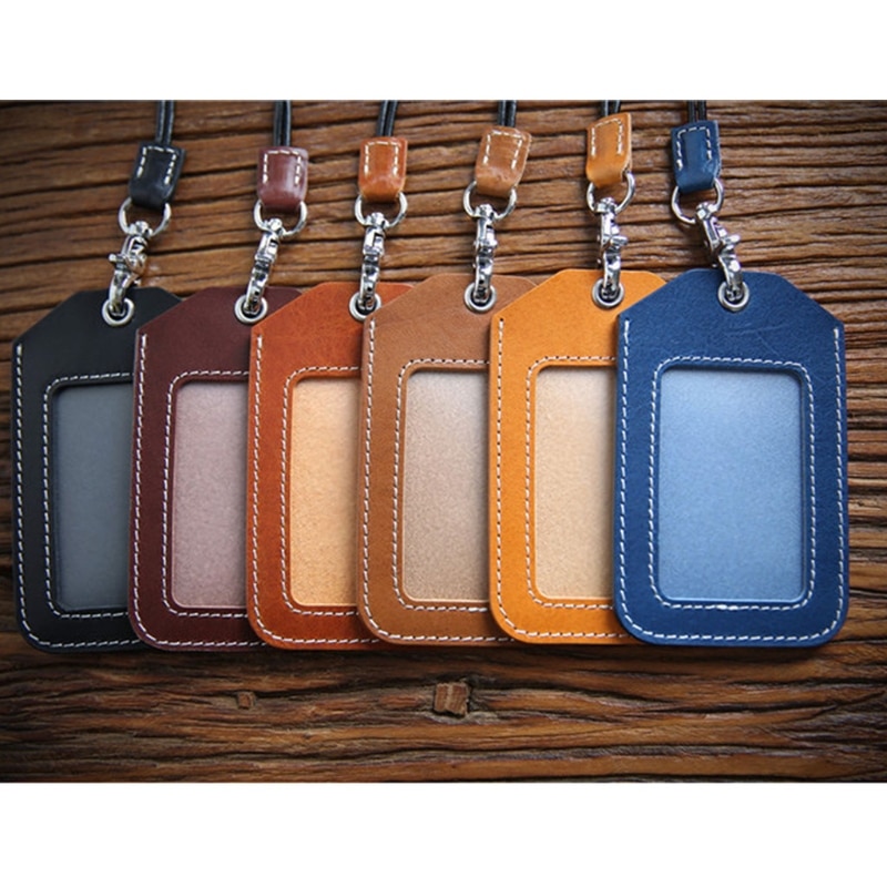Vertical Style Leather ID Card Badge Holder Case with Neck Strap Lanyard