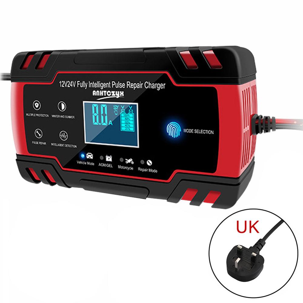 Bil batterilader 12/24v 8a berøringsskjerm pulsreparasjon lcd batterilader for bil motorsykkel blysyre batteri agm gel våt: Uk plug