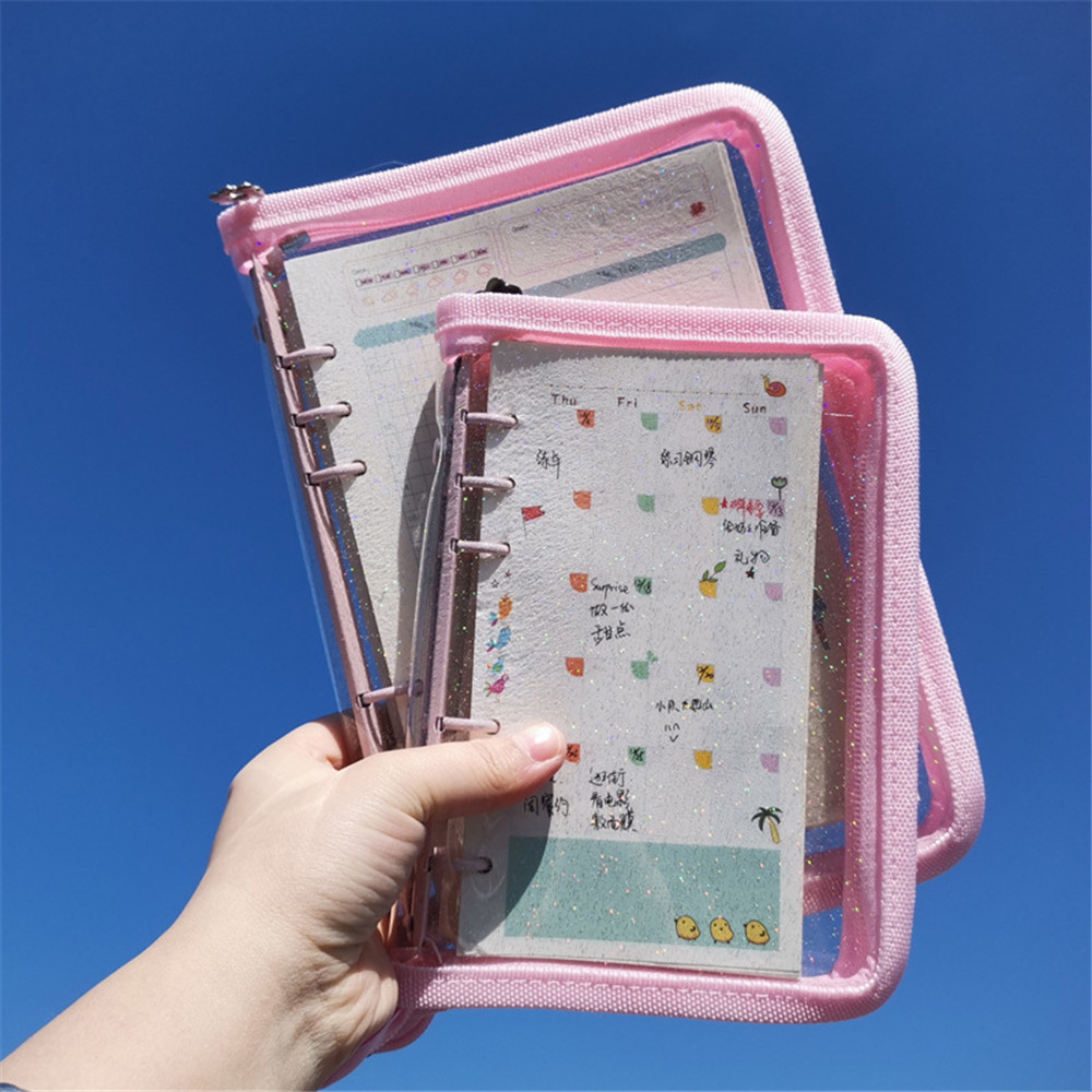 A5 A6 Loose-Leaf Notebook Cover Glitter Zipper PVC Notebook Korean Stationery Diary 6 Hole Binder Clip Notepad Office Planner: Pink / A5