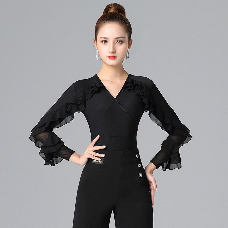 dance top black modern dance practice clothes V-neck female national standard dance Latin dance clothes popular: S