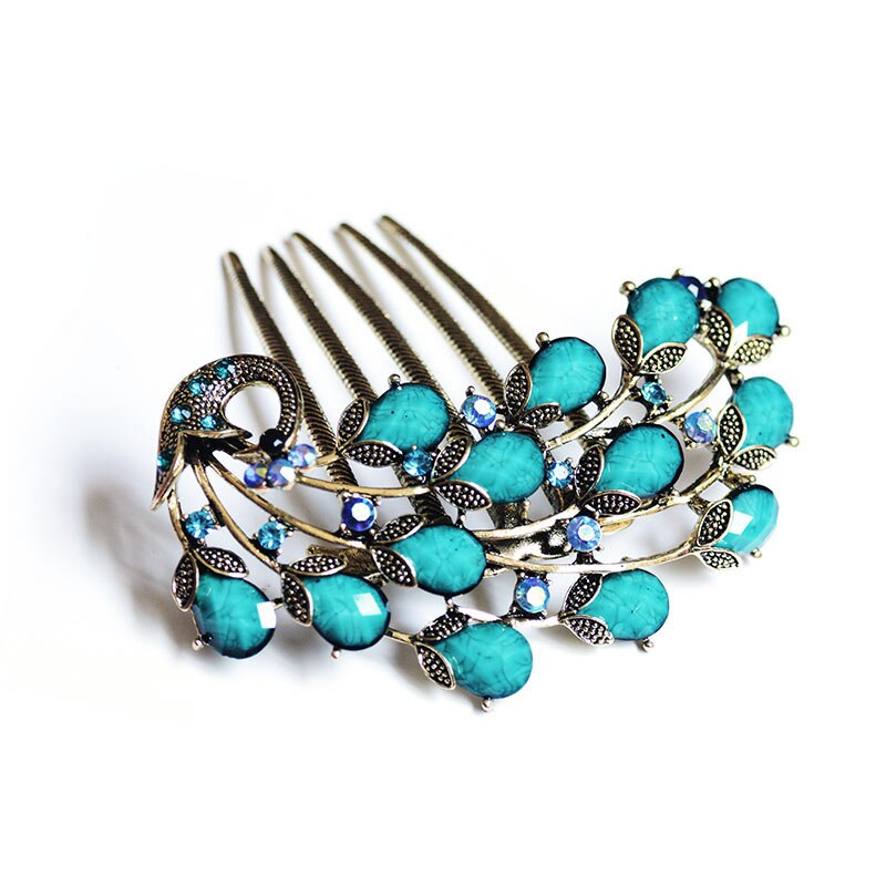 Morkopela vintage pavão pente de cabelo jóias bronze antigo metal grampo de cabelo hairpins mulheres banquete acessórios para o cabelo: blue