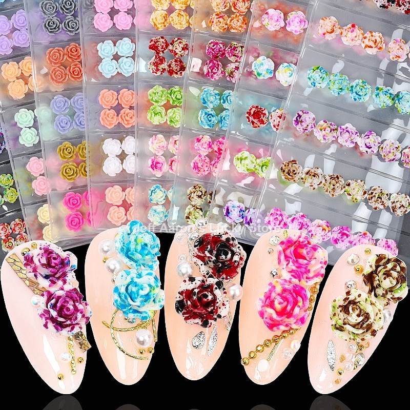 Blandet stil negler harpiks rose blomster cabochons cameo baseinnstilling 6mm 3d turkise rose blomster neglekunst dekorasjon tilbehør
