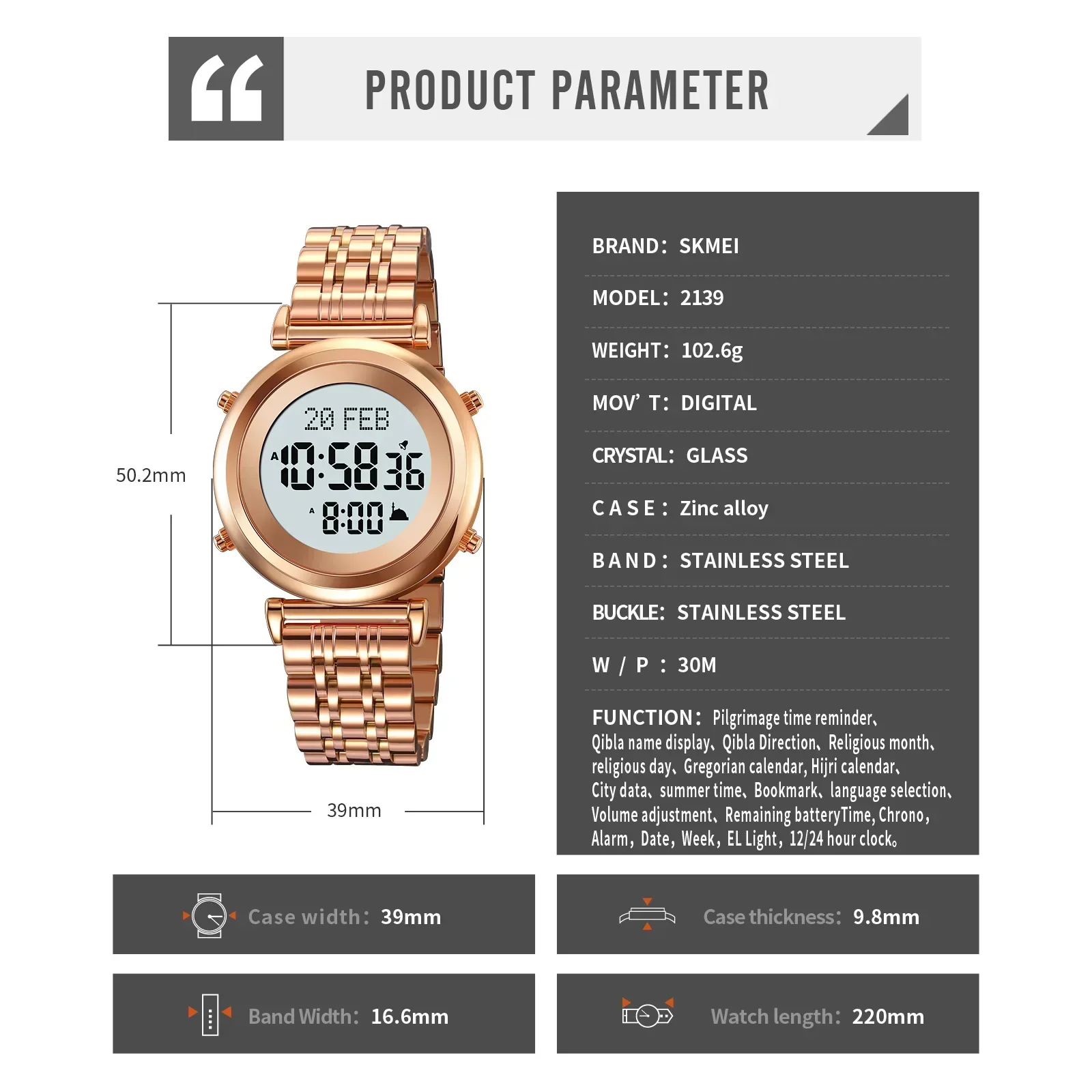 Skmei 2139 Staal Moslim Azan Digitaal Horloge Heren Achterlicht Waterdicht Polshorloge Gebed Qibla Kompas Wekker Horloge 1861