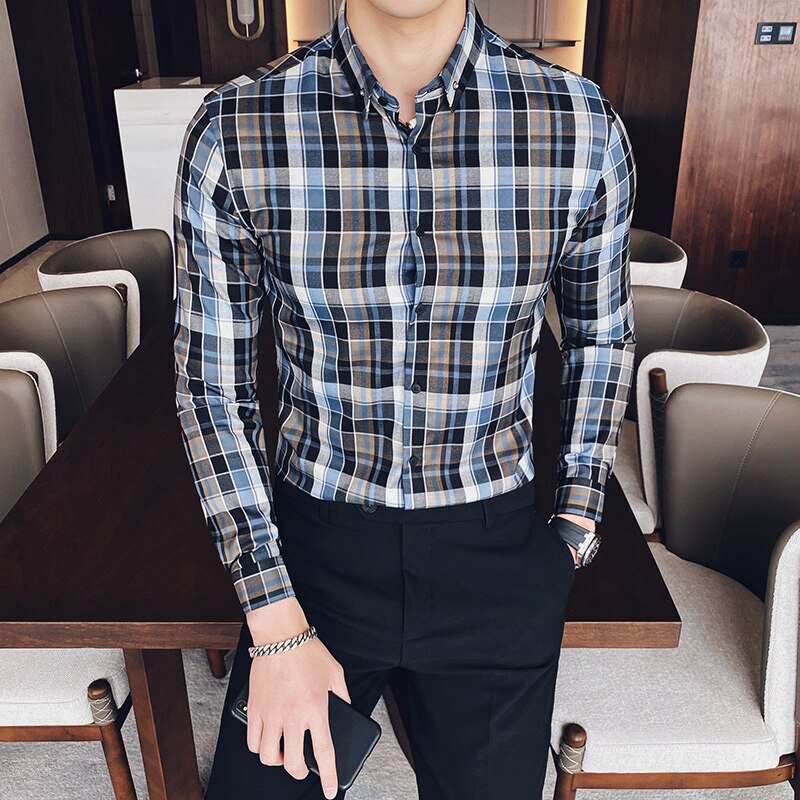 Lente geruite overhemden heren slank lange mouwen klassieke britse stijl casual formeel zakelijk overhemden heren jurk sociaal chemise homme