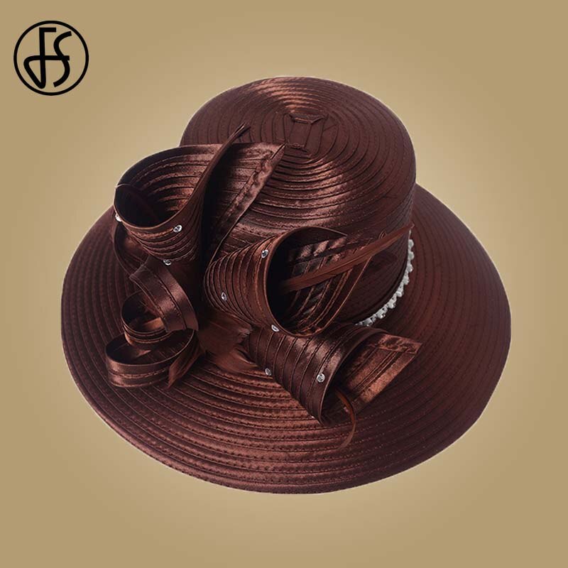 FS Brown Rose Fedora Hat Summer Big Brim Sun Hats Fascinators For Women church Wedding Party Kentucky Derby Boater Hat