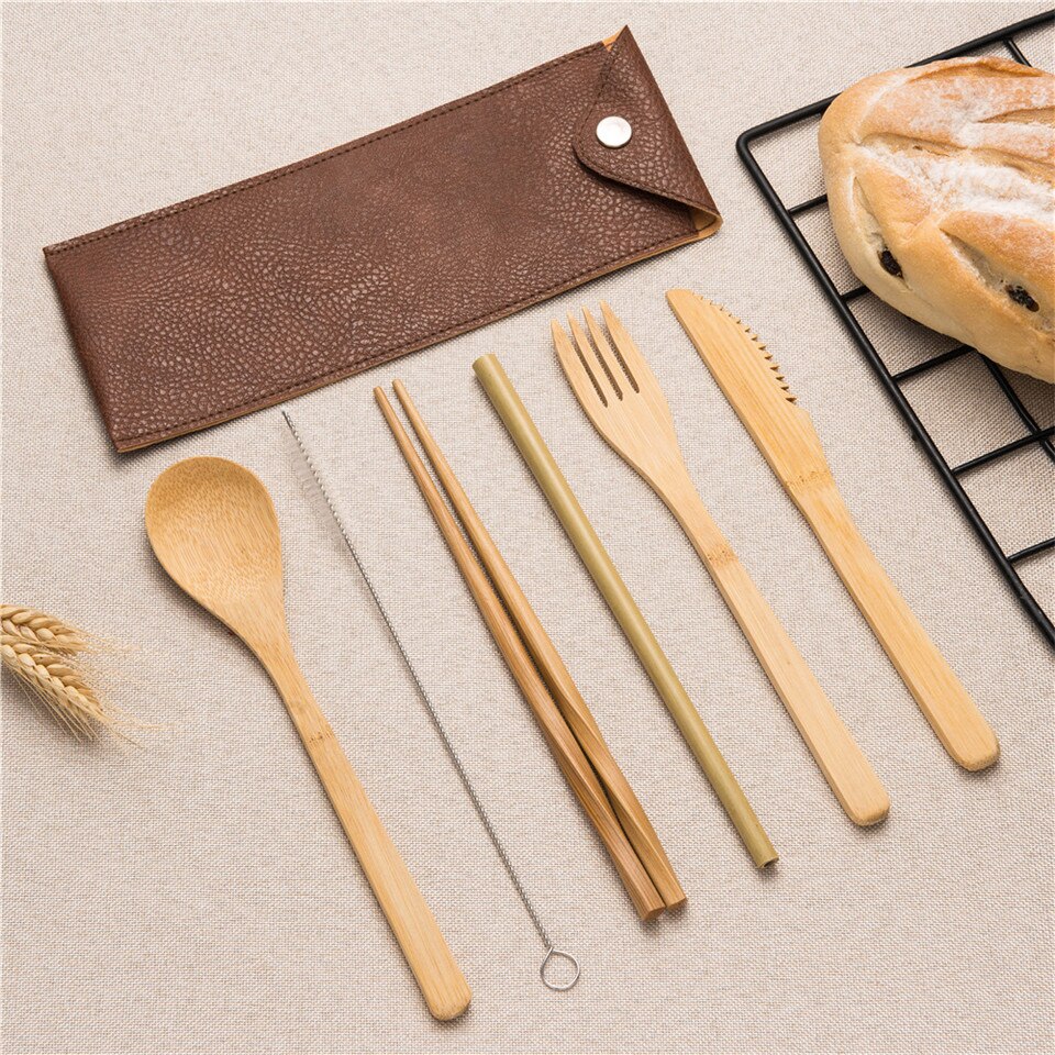 Servies Set Bestek Set Rietjes en Bamboe Vork Mes met Doek Tas Picknick voor Reizen Servies Camping Outdoor