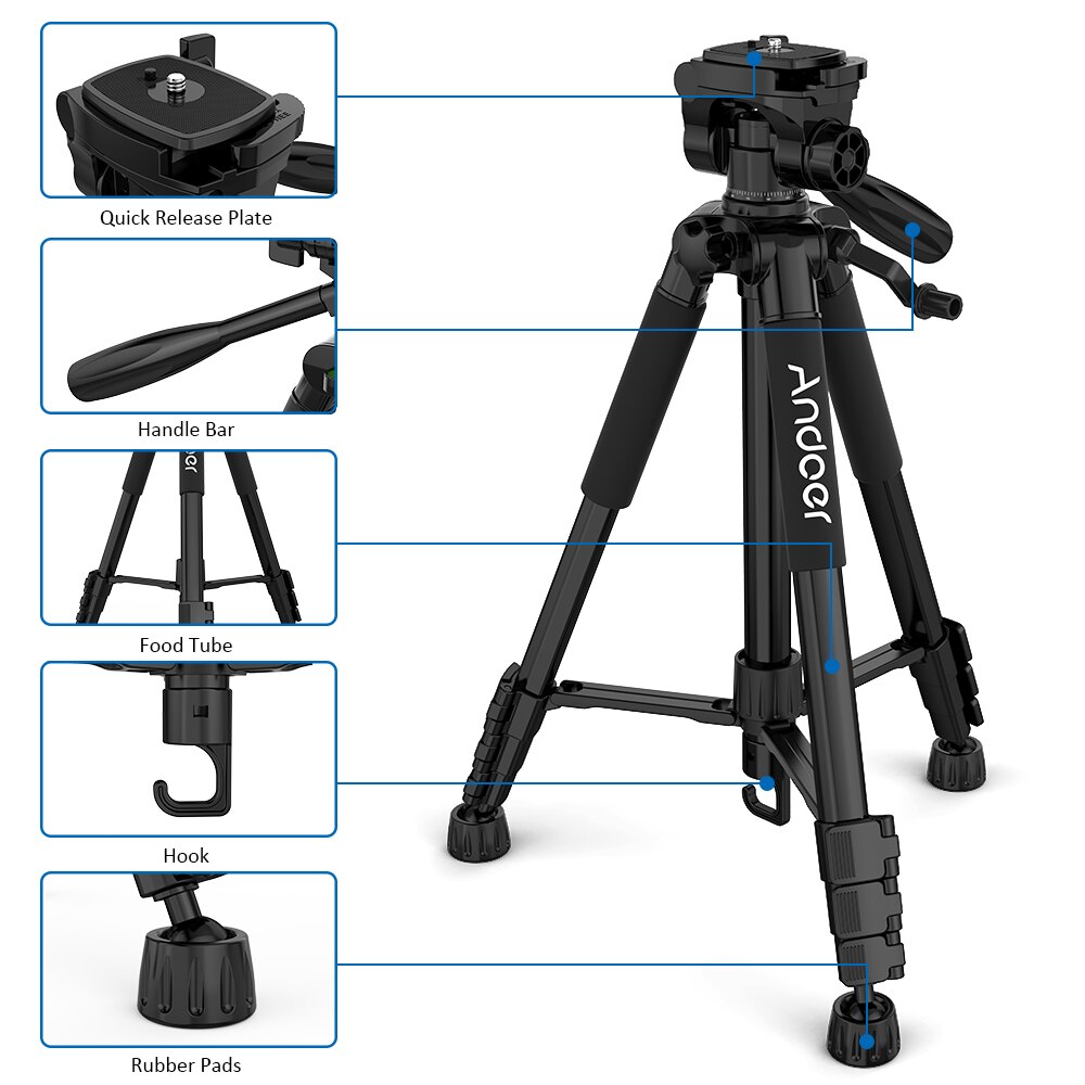 Andoer trípode ligero para cámara de viaje de 57,5 pulgadas para fotografía, de Vídeo Grabación, soporte para videocámara SLR DSLR con bolsa, abrazadera para teléfono