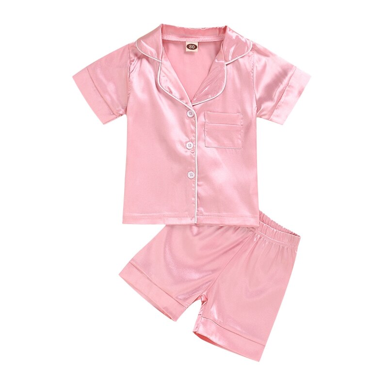 2 pçs crianças pijama da criança do bebê menino menina cetim seda pijamas definir nova camisa de manga curta topo + calças sleepwear verão botão macio: P / 5Y