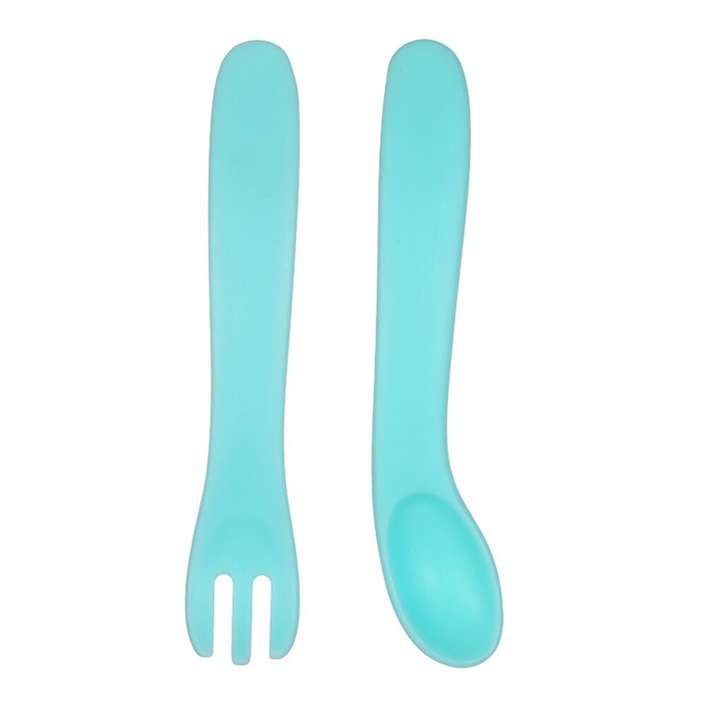 Portable Curved Spoon Fork Set Baby Eat Training Curved Utensils Plastic Safe Non-slip Spoon Fork Elbow Food Tableware: Blue