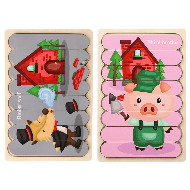 Kids Animal 3D Wooden Puzzle Montessori Toy Double-sided Strip Puzzle Telling Story Stacking Jigsaw Educational Toy For Children: WT253