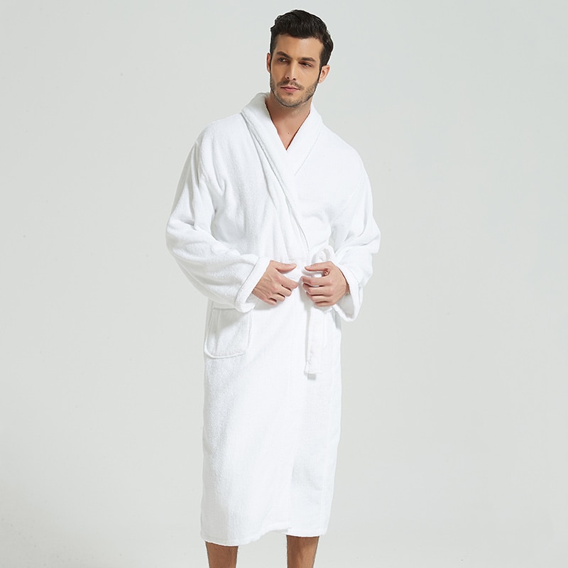 Men Bathrobe Cotton Towel Kimono Autumn Thick Warm Towel Fleece Terry Sleepwear Long Robe Hotel Spa Soft Long White Bath Robe