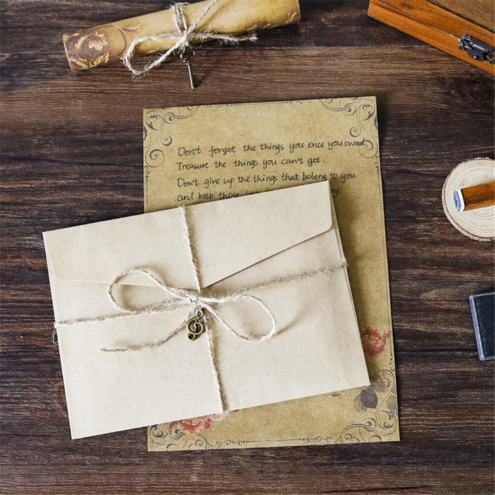 1 pack Kraft Envelope Letter Pad Set Vintage Letter Pads Writing Paper with Rope Wedding Party Invitation Envelopes Message Pads