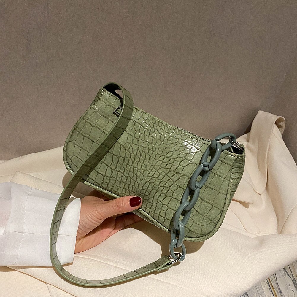 Sac à main Baguette motif Crocodile pour femmes, sac à épaule couleur bonbon avec chaîne, petits sacs sous les bras en cuir à la ,: green