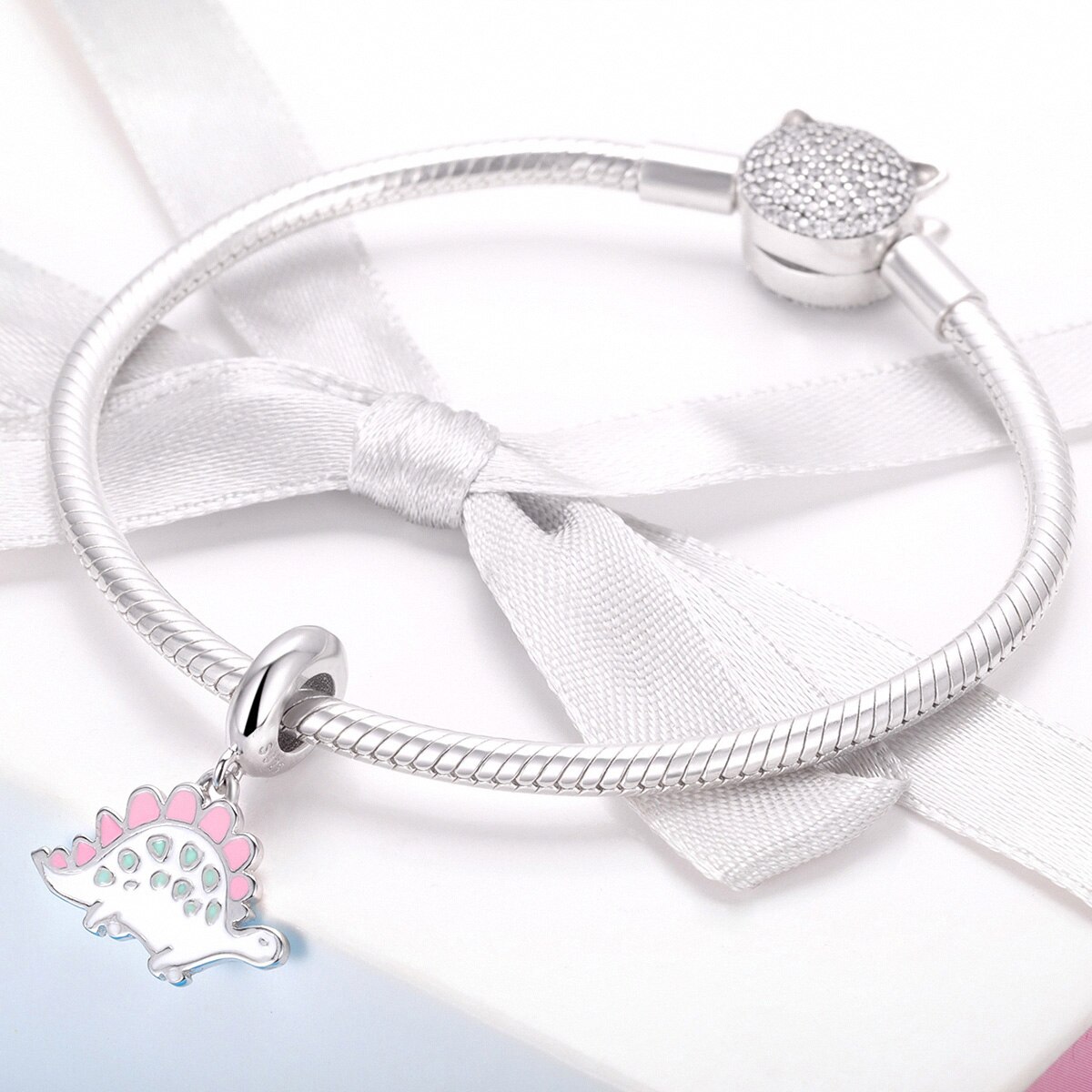 Echt 100% 925 Sterling Zilver Schattige Kleine Dinosaurus Roze Enamel Charm Bead Voor Armband Ketting Meisje Partij Sieraden