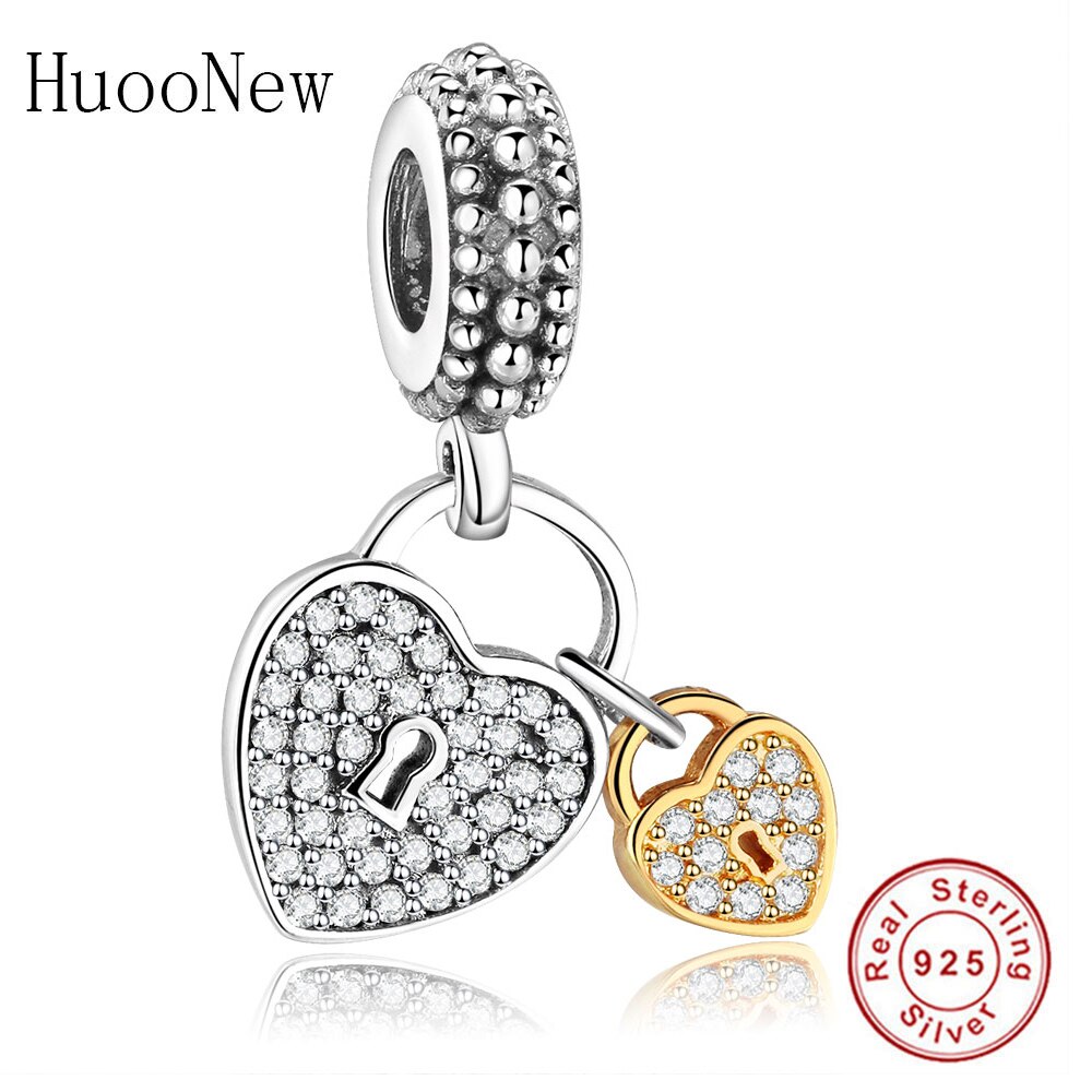 Fit Original Charms Clear Crystal CZ Two Hearts Gold Lock Heart Beads Dangle Jewelry 925 Sterling Silver Jewelry Pendant