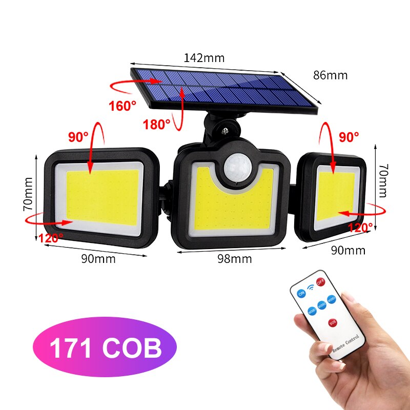 Solar LED Light Outdoor 108 LED 3 Head Motion Sensor Remote Control Lamp 270 Wide Angle Illumination Wall lamp Flood Lights: Integrated-171 COB